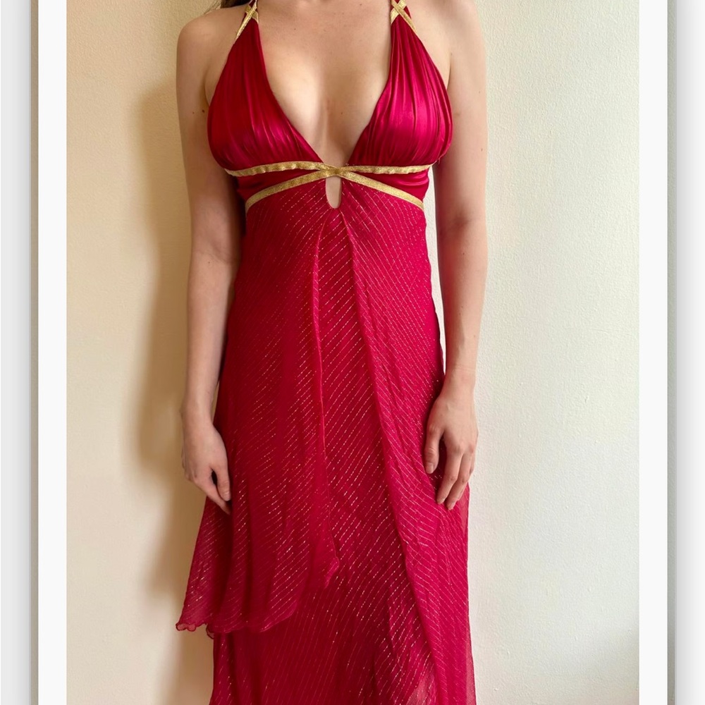 Bebe Red and Gold Prom Dress